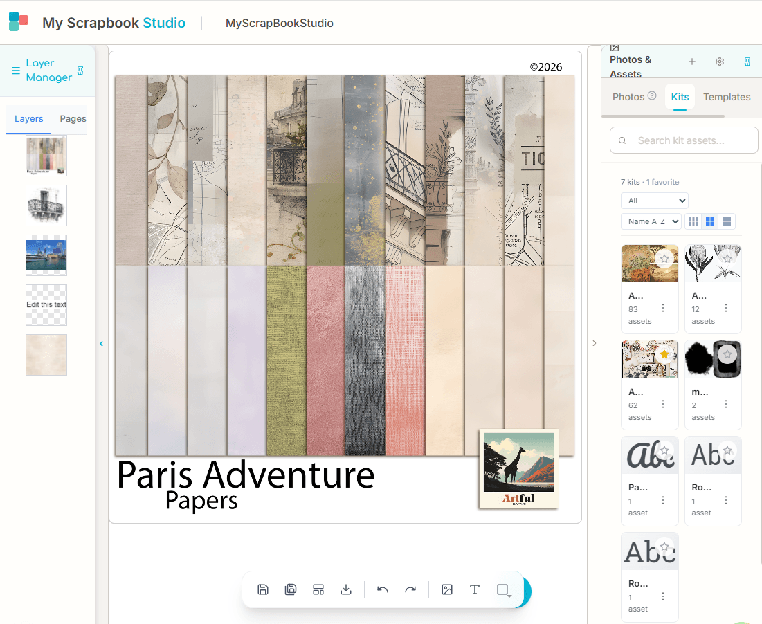 MyScrapbook Studio editor — drag and drop scrapbook page builder