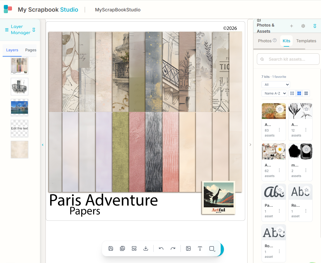 MyScrapBook Studio digital scrapbooking app workspace showing layers on the left, a paper collection on the page and kits on the right
